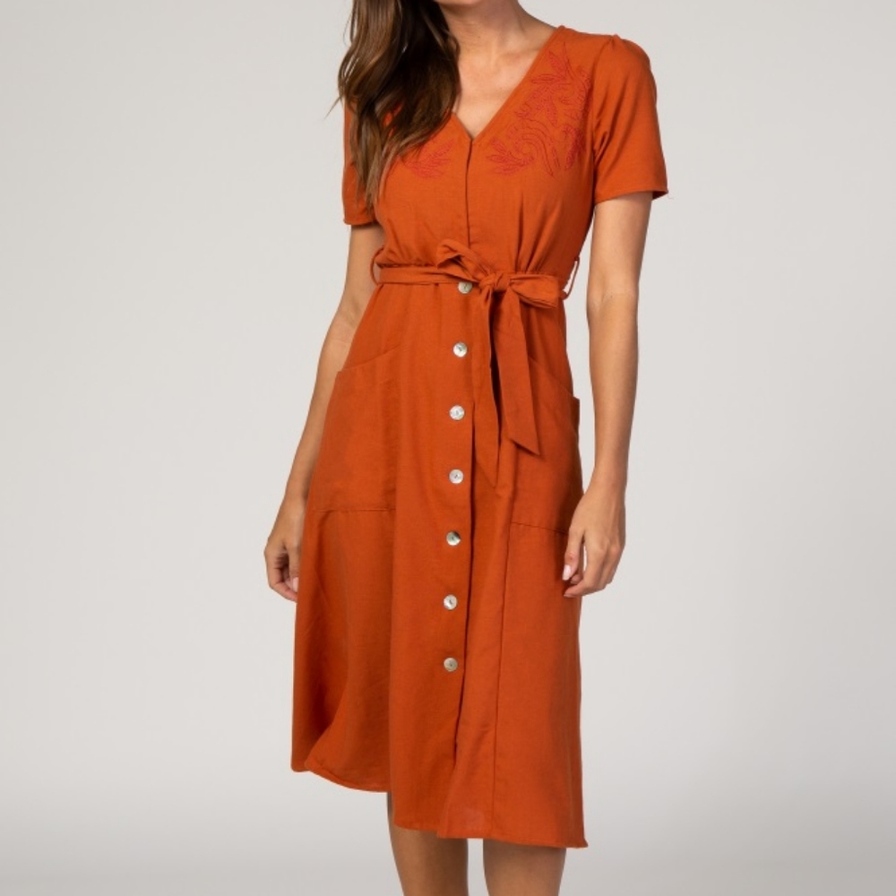 NWT Rust Embroidered Button Front Midi Dress